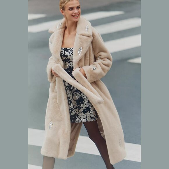 NEW Avec Les Filles Sizes M, L Embellished Faux Fur Belted Long Coat - Natural - Picture 4 of 5